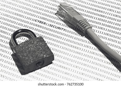 A cyber security concept image which can be used to represent the protection of software code. This image has selective focusing on the word "cyber security"
