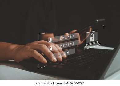 Cyber security concept. information security and encryption, secure access to user's personal information, data protection, secure Internet access technology. cybersecurity. user typing login password
