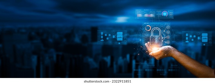 cyber security concept and internet privacy data protection Modern showing padlock protecting business and financial data to protect personal information on digital devices, data governance,copy space