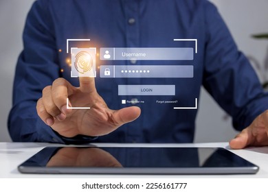 cyber security concept login data protection Fingerprint scanning and biometric authentication and processing for access to personal data Next-generation security surveillance and scanning.