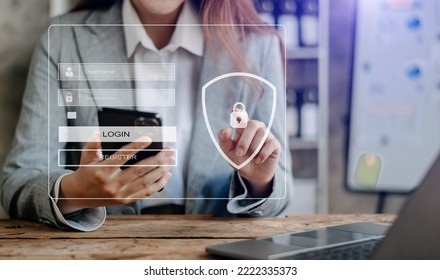 Cyber Security Concept, Login, User, Identification Information Security And Encryption, Secure Access To User's Personal Information Woman Using Smart Phone And Tablet 
