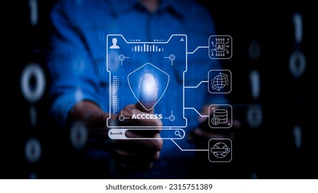 Cyber security concept. Man using thumb to scan finger print or for digital processing biometric identification to access information. security system includes internet, cloud system, mobile phone,