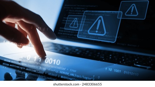 Cyber security concept. Man using computer with system hacked alert due to cyber attack on computer network. Data Protection. Internet virus cyber security and cybercrime - Powered by Shutterstock - Get 15% off with code: PIKWIZARD15