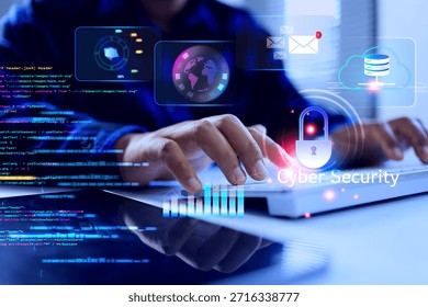 cyber security concept with a programmer touch on virtual lock icon represent to protection from cyber crime or data breach