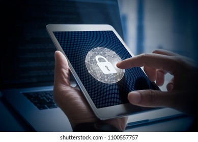 Cyber security concept, Software engineer working on locked screen digital tablet. Theft try to unlocked  electronics device, technology development