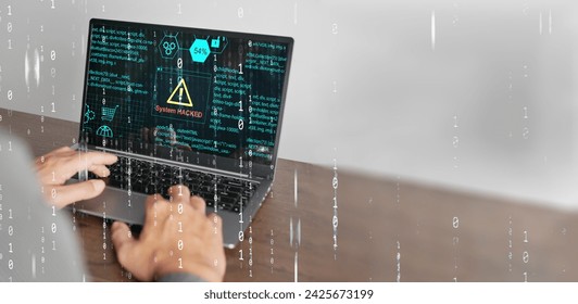 Cyber security concept. System hacked warning alerts on a computer notebook screen. Cybercrime, virus, online hacking, cyber attack, malicious malware or software. 