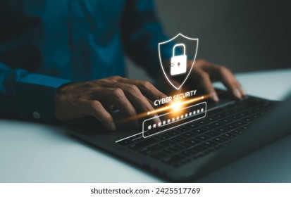 Cyber security concept. User enter username and password for personal information access. Data login protect and secure internet access, screen padlock technology, cybersecurity, encryption privacy,