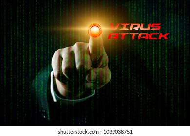 Cyber security concept with virus attack and hand touching a virtual screen on a green matrix