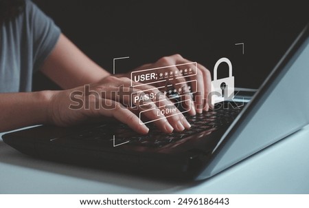 cyber security concept, woman hand typing on keyboard with login and password on screen display, login and password, data protection and secure internet access, cybersecurity, Phishing, online threat.