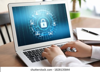 Cyber Security Concept. Woman Using Application On Laptop, Closeup
