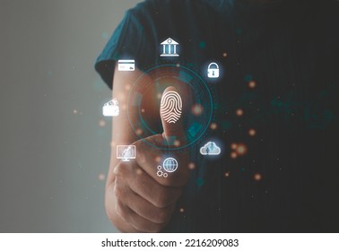 Cyber Security Concept. Woman Using Thumb To Scan Finger Print Or For Digital Processing Biometric Identification To Access Security System Includes Internet Banking, Cloud System And Mobile Phone.