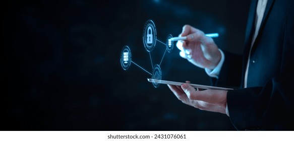 Cyber security concept.digital processing biometric identification to access security system includes internet banking, cloud system and mobile phone