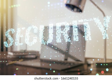 Cyber security creative concept on modern laptop background. Double exposure