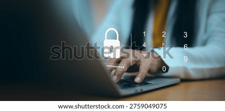 Cyber security and data privacy protection concept.Information technology safety and encrypted data access.Businesswoman entering password on laptop for secure login.digital pin code hologram.