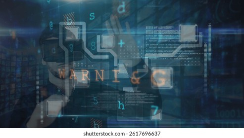 Cyber security data processing against caucasian man wearing vr headset touching an invisible screen. cyber security technology concept