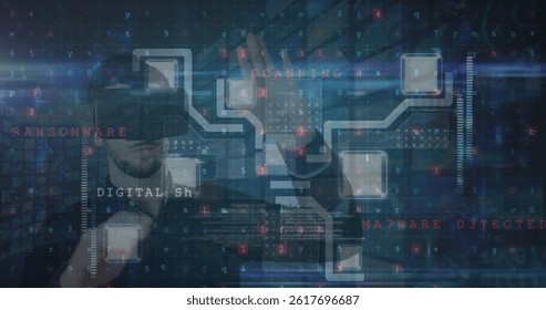 Cyber security data processing against caucasian man wearing vr headset touching an invisible screen. cyber security technology concept