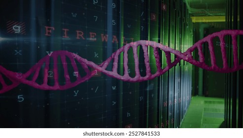 Cyber security data processing and dna structure spinning against computer server room. Medical research and business data storage technology concept - Powered by Shutterstock