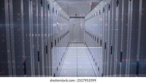 Cyber security data processing over empty computer server room against male hacker. Cyber security and business data storage technology concept