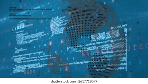 Cyber security data processing over spinning globe against blue background. global networking and cyber security technology concept