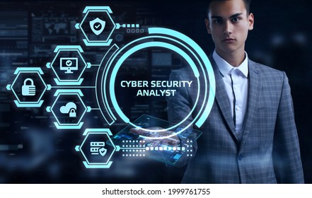 Cyber Security Data Protection Business Technology Privacy Concept. Young Businessman Select The Word Cyber Security Analyst On The Virtual Display.