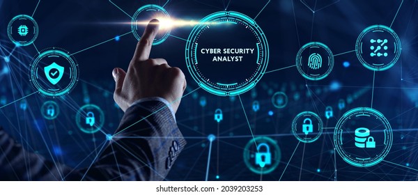 Cyber Security Data Protection Business Technology Privacy Concept. Young Businessman  Select The Icon Cyber Security Analyst On The Virtual Display.