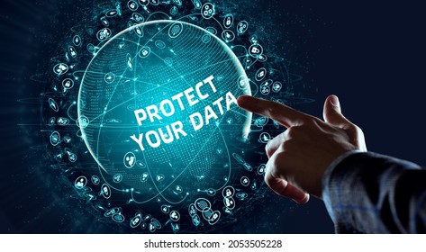 Cyber Security Data Protection Business Technology Privacy Concept. Young Businessman  Select The Icon Protect Your Data On The Virtual Display