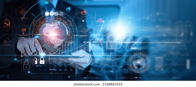 Cyber Security  Data Protection Business Intelligence, Businessman Digital Tablet Global Network Connection, Data Exchange, Digital Technology, Data Science Digital Marketing, Investment Global