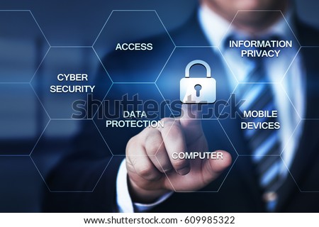 Cyber Security Data Protection Business Technology Privacy concept. Man pressing button on display with word in modern office