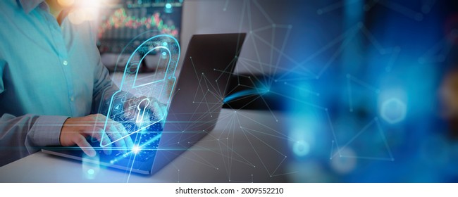 Cyber security and data protection. Businessman using laptop computer protecting business and financial data with virtual network connection. Innovation technology develop smart solution.