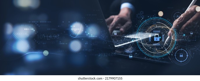 Cyber security and data protection. Businessman using digital tablet protecting business and financial data with virtual network connection, smart solution from cyber attack, cybersecurity technology