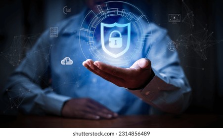 Cyber security and data protection. Businessman holding padlock protecting business and financial data with virtual network connection. Innovation technology develop smart solution from digital attack