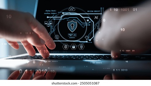 Cyber security, data protection, cloud security network connection system. Business man using laptop computer with cyber security network, protecting data, cloud storage security technology background - Powered by Shutterstock - Get 15% off with code: PIKWIZARD15