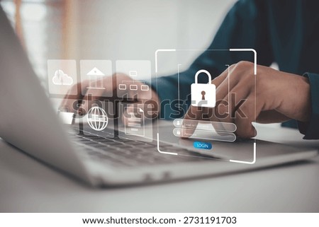Cyber Security, Data Protection and Cloud Computing Concept. User Accessing Secure System Network, Digital Transformation, and Business Technology. person is using a laptop login fields, and various icons representing data, cloud storage, and systems.