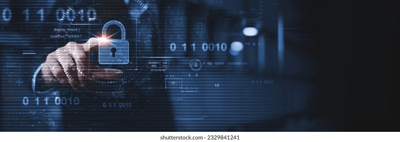 Cyber security and data protection, computer crime concept. Businessman touching on virtual digital padlock to access business data with computer code, cybersecurity network, innovative technology - Powered by Shutterstock - Get 15% off with code: PIKWIZARD15