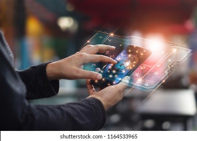 Cyber security. Data protection concept. Banking security. Hands touching digital icon padlock and network connection on mobile smartphone, virtual interface screen.