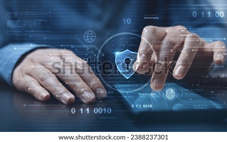 Cyber security. Data protection concept. Business man using mobile phone for digital banking with fingerprint biometric network security technology, cybersecurity, computer crime, data encryption