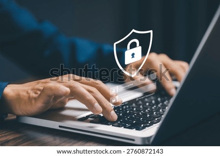 Cyber security data protection concept with login interface and shield lock icon, online privacy system, secure access, encryption technology, network safety and digital protection solution.