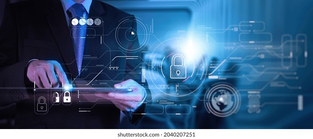 Cyber security and data protection information privacy internet technology concept.Businessman working on modern computer show padlock protecting business and financial data virtual network connection