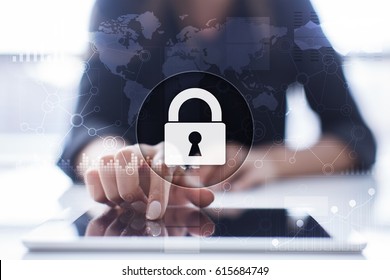 Cybersicherheit, Datenschutz, Informationssicherheit und Verschlüsselung. Internet-Technologie und Business-Konzept.  Virtueller Bildschirm mit Padlock-Symbolen. 
