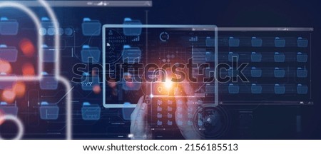Cyber security data protection information privacy internet technology Businessman working smartphone digital tablet computer padlock protecting business financial data virtual network connection.