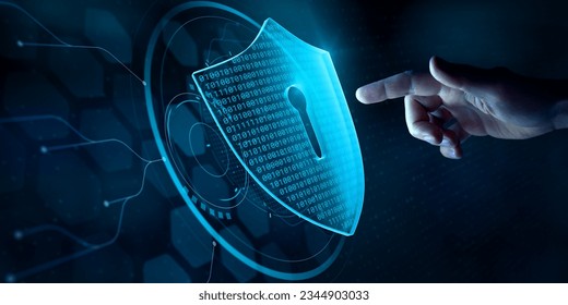 Cyber security and data protection on internet. Person touching virtual shield, secure access, encrypted connection. Password protected system and storage. Cybersecurity technology.