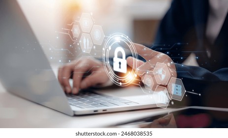 Cyber security and data protection on internet. Person touching virtual shield, secure access, encrypted connection. Password protected system and storage. Cybersecurity technology. - Powered by Shutterstock