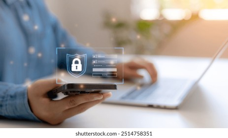 Cyber security and data protection on internet. Person touching virtual shield, secure access, encrypted connection. Password protected system and storage. Cybersecurity technology. - Powered by Shutterstock