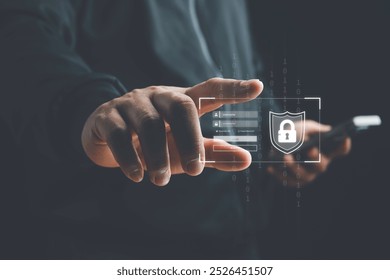 Cyber security and data protection on internet. Person touching virtual shield, secure access, encrypted connection. Password protected system and storage. Cybersecurity technology.