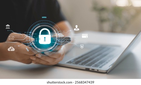 Cyber security and data protection on the internet. A person touching virtual shield, secure access, encrypted connection. Password-protected system and storage. Cybersecurity technology.