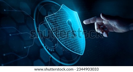 Cyber security and data protection on internet. Person touching virtual shield, secure access, encrypted connection. Password protected system and storage. Cybersecurity technology.
