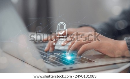 Cyber security and data protection on internet. Person touching virtual shield, secure access, encrypted connection. Password protected system and storage. Cybersecurity technology.