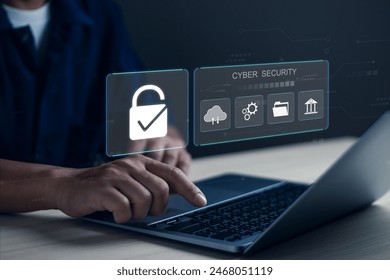 Cyber security ,Data protection privacy, firewall security concept.Businessman show protecting data personal information with virtual screen interface on internet technology networking connection.