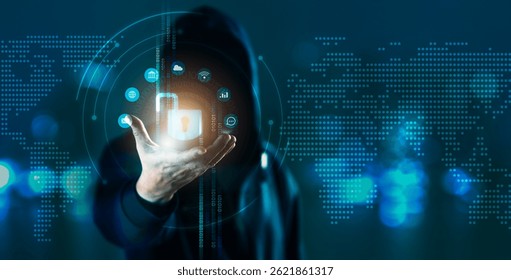 Cyber security, data protection, secure access concept. Hooded man interacts with a glowing padlock icon on a digital interface, surrounded by data streams and a world map background