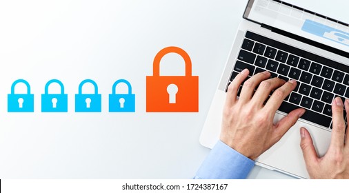 Cyber Security And Data Protection System Concept. Top View Of Business Man Using Laptop And Padlock Icons On White Background. 
